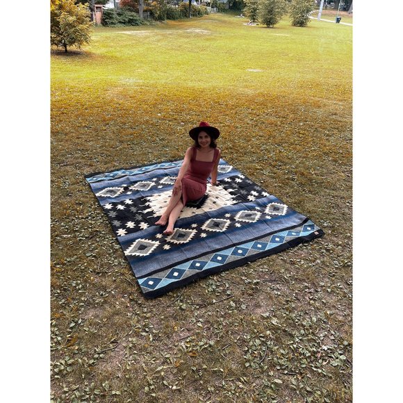 Alpaca Queen Size Blanket, Ghost Blue Geometrical Throw, Native Design Camping B - Picture 1 of 6
